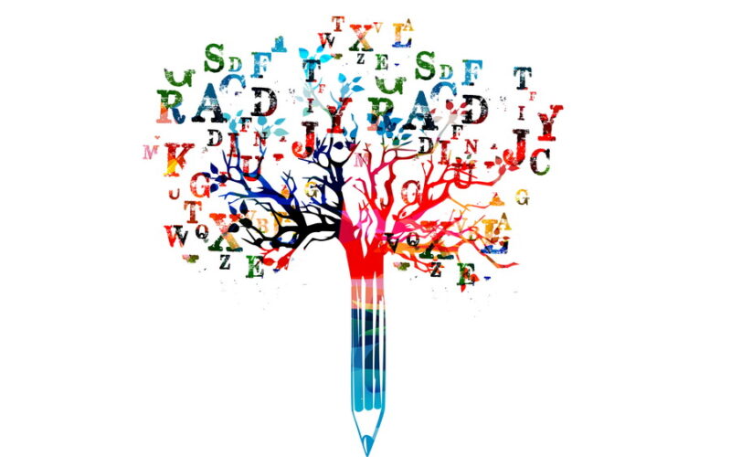 Colorful pencil tree vector illustration with font letters