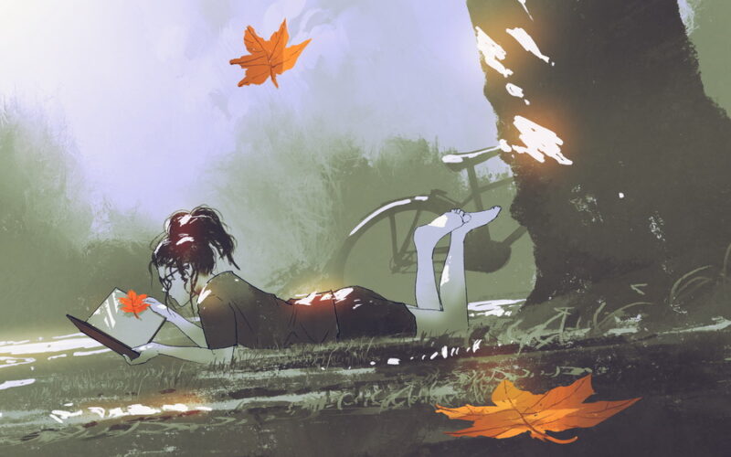 young girl laying on grass reading a book in park with maple leaves falling, digital art style, illustration painting