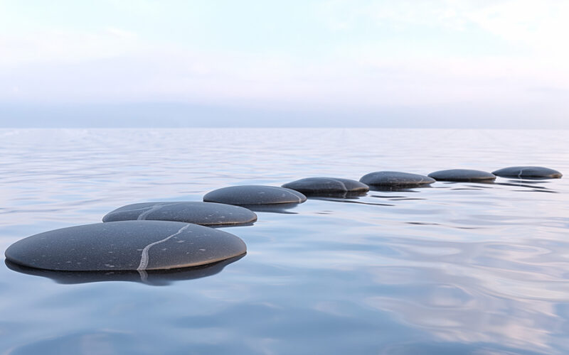3d rendering of Zen stones in water with reflection - peace meditation relaxation concept